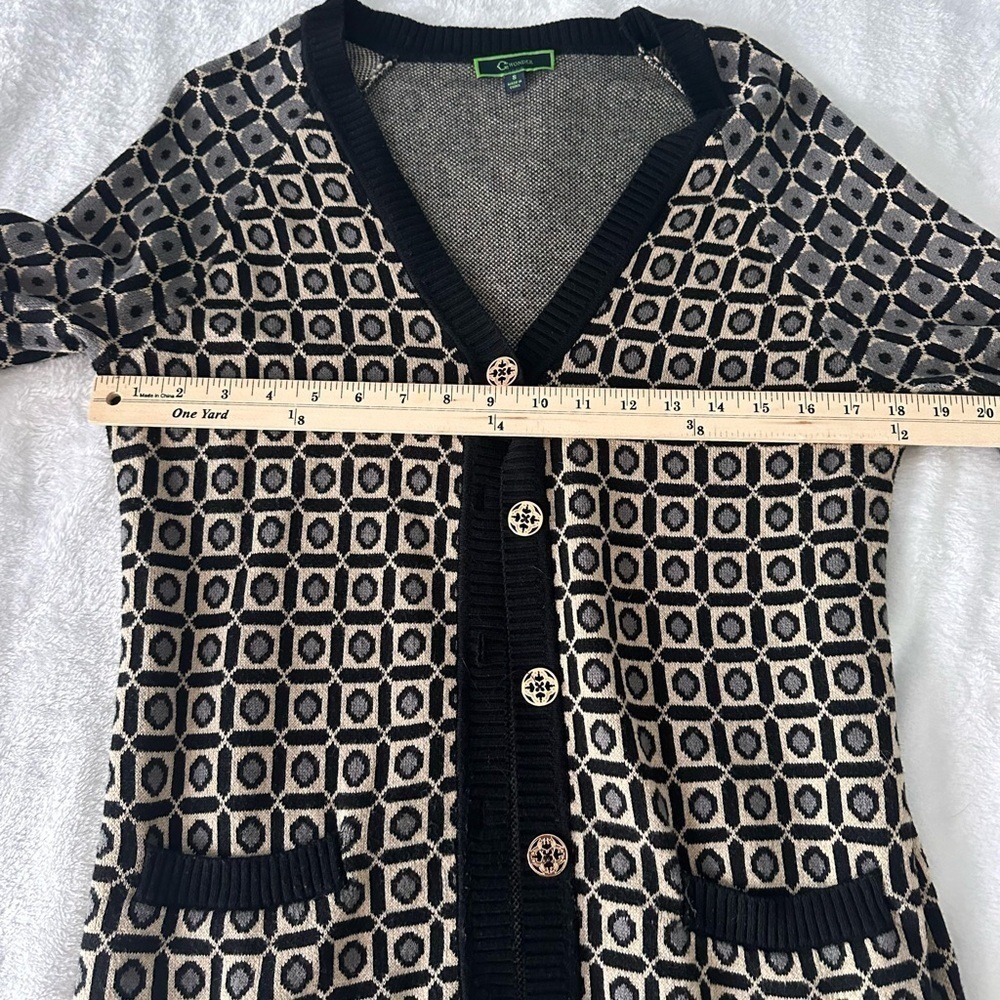 C Wonder Womens Geometric Tile V-Neck Cardigan Sweater Black Grey Small Luxury - Picture 6 of 7